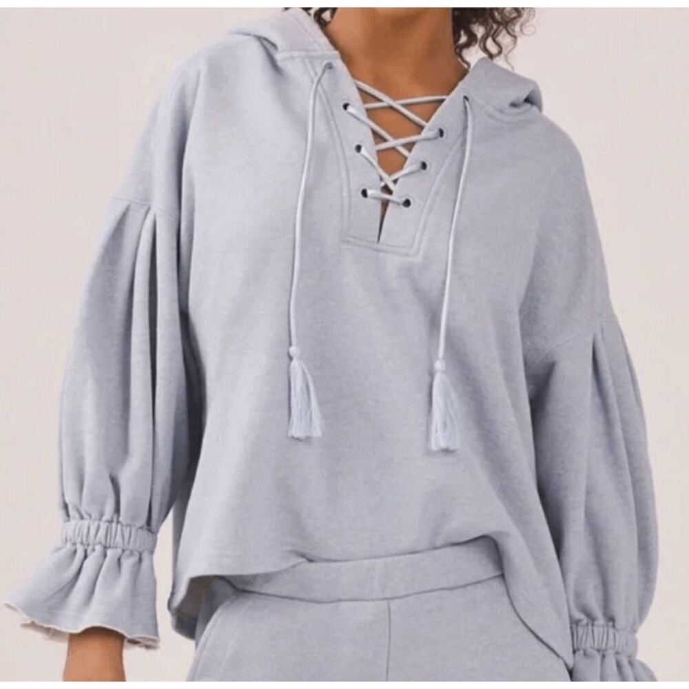 NEW! Something Navy Sophia Lace Up Hoodie Blue 3/4 Sleeve Satin Tie Size Small